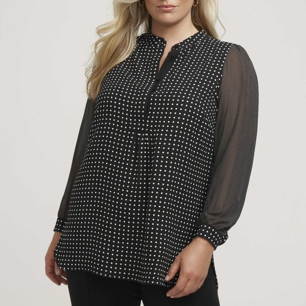 Anne Klein | Polka-dot Popover Sheer Sleeve 1/2 Button Up Tunic Shirt